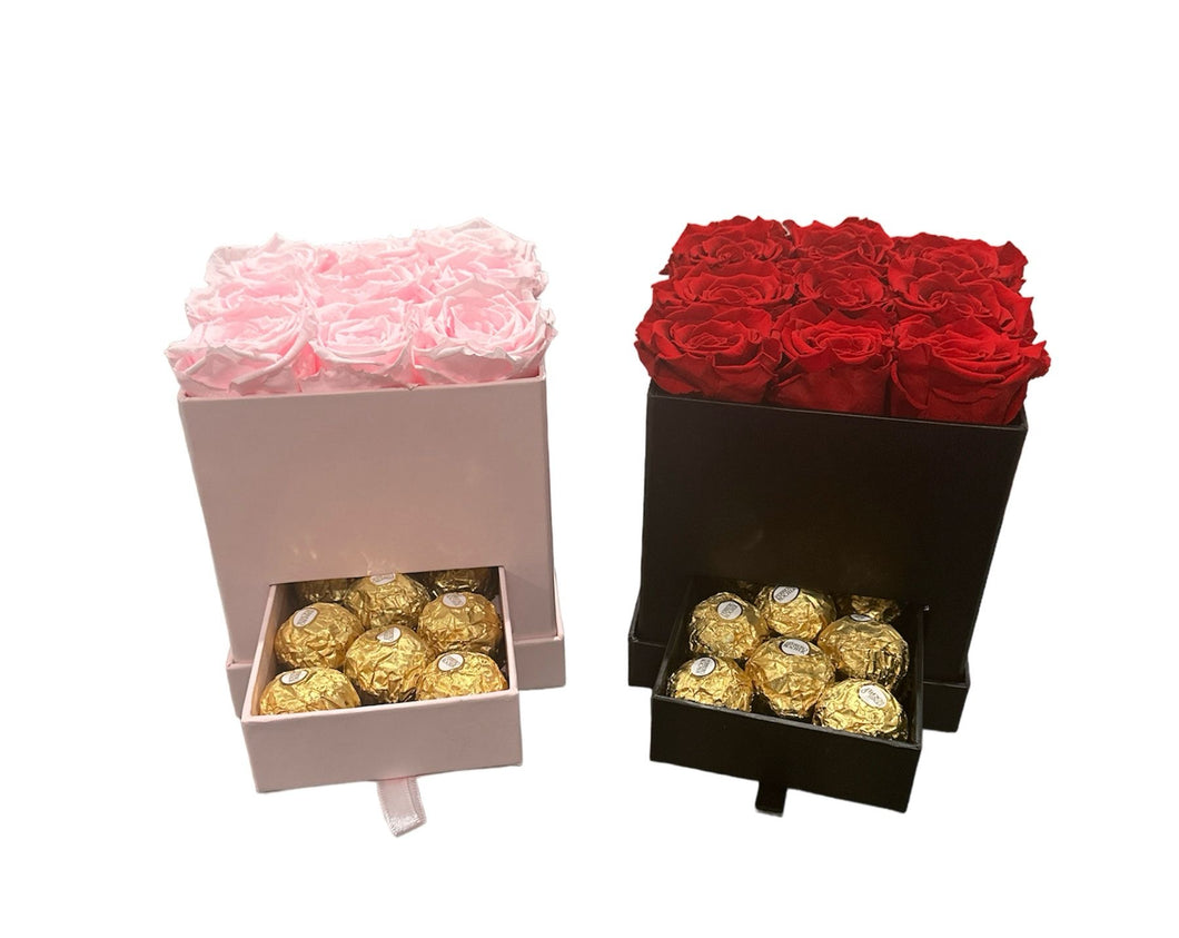 Small square box with Roses and Chocolates.